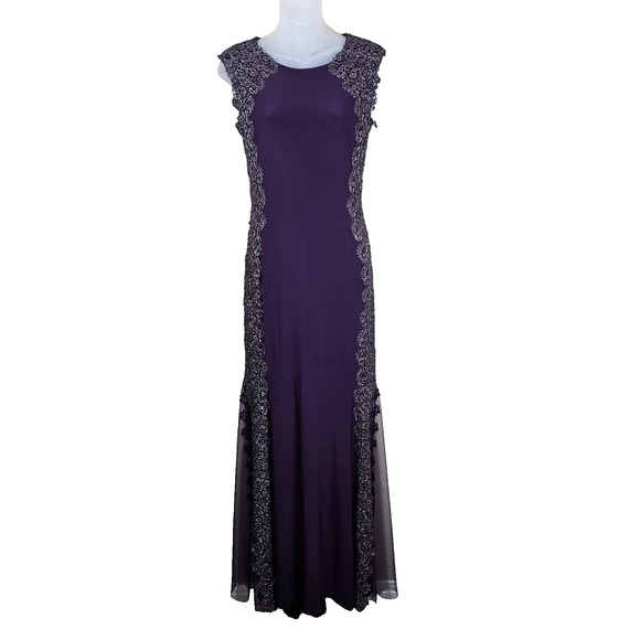 XSCAPE Purple Crochet Lace Column Gown Formal Dress 4 Sheer Stretch Event Party - Picture 1 of 16
